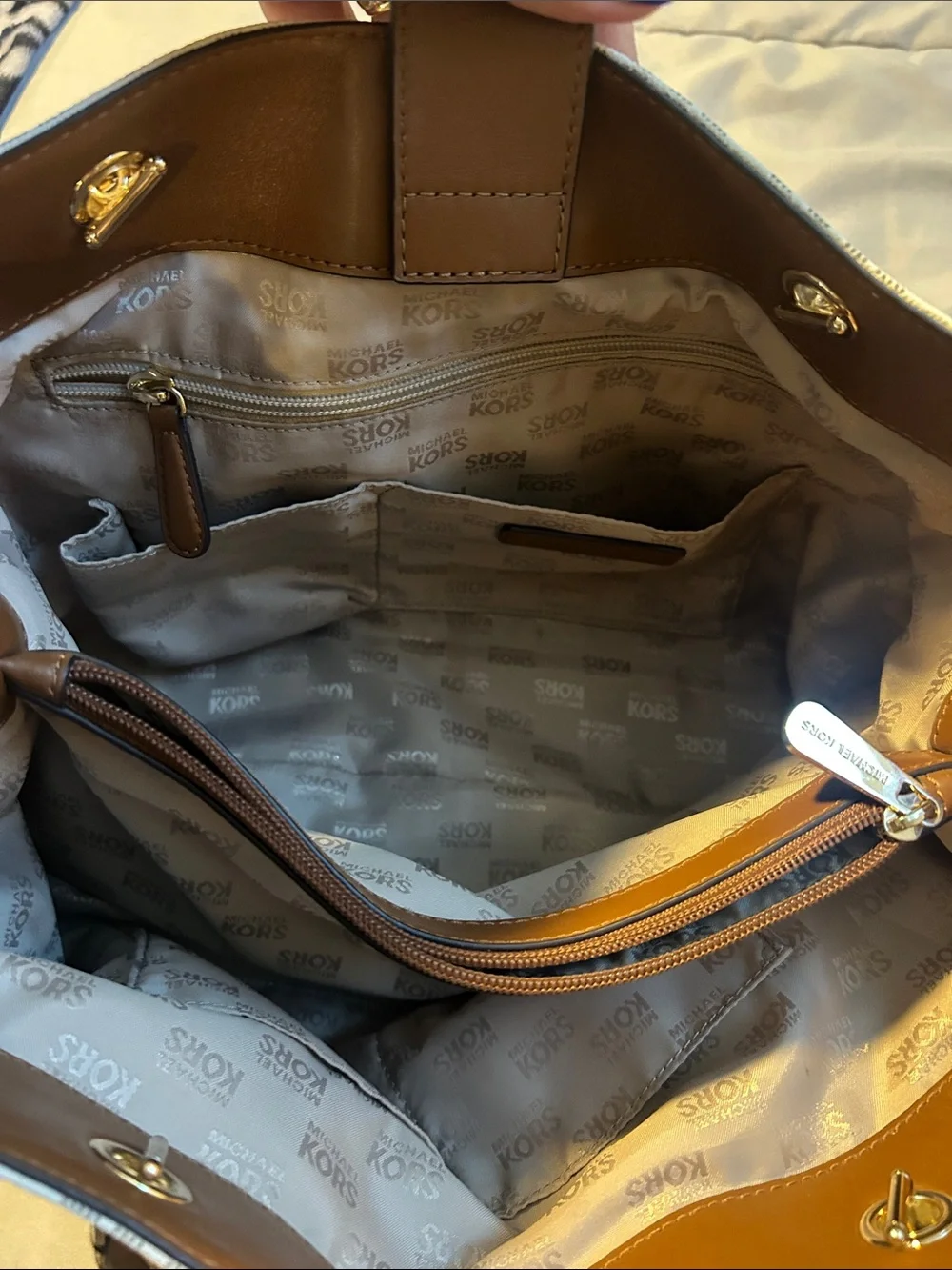 Michael Kors Cream MK Logo Tote with Gold Chain Handles